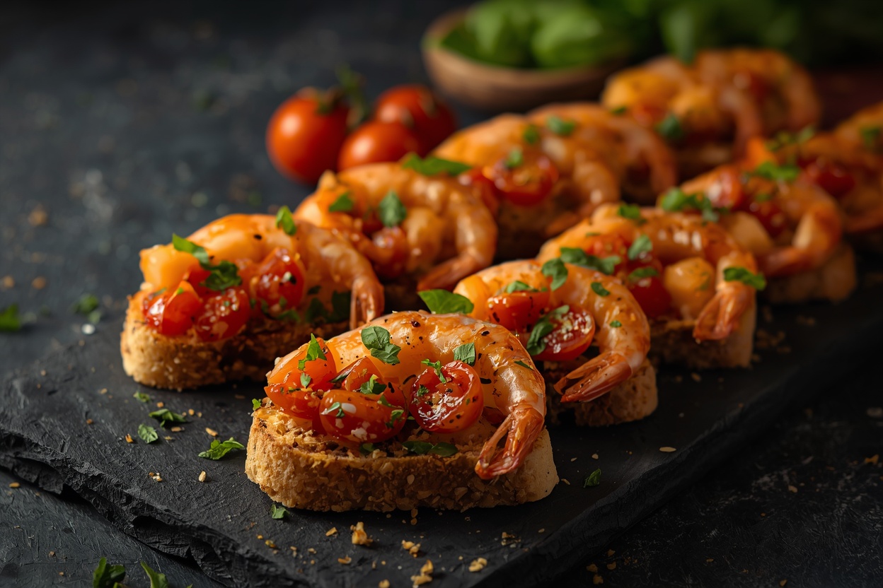 Vitlöksräkor och bruschetta